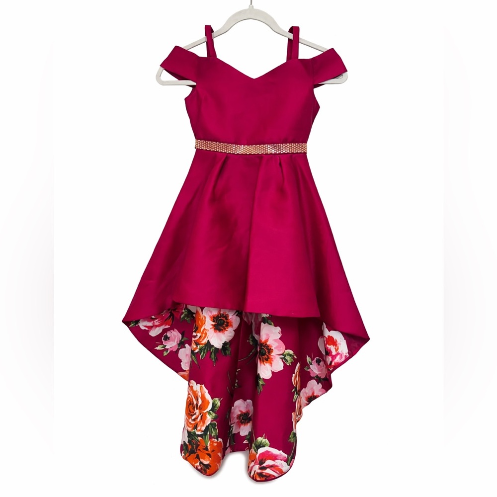 Rare Editions Vibrant Pink Dress with High / Low design and floral inset
